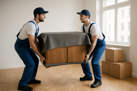Beiladung Berlin – zwei Umzugshelfer tragen einen verpackten Schrank